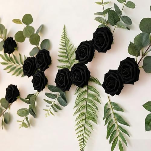 Image of 100Pcs Real Looking Black Artificial Rose Flower Heads, Foam Fake Roses for DIY Wedding Decorations Baby Shower Centerpieces Home Party Valentine's Day Mother's Day Decor