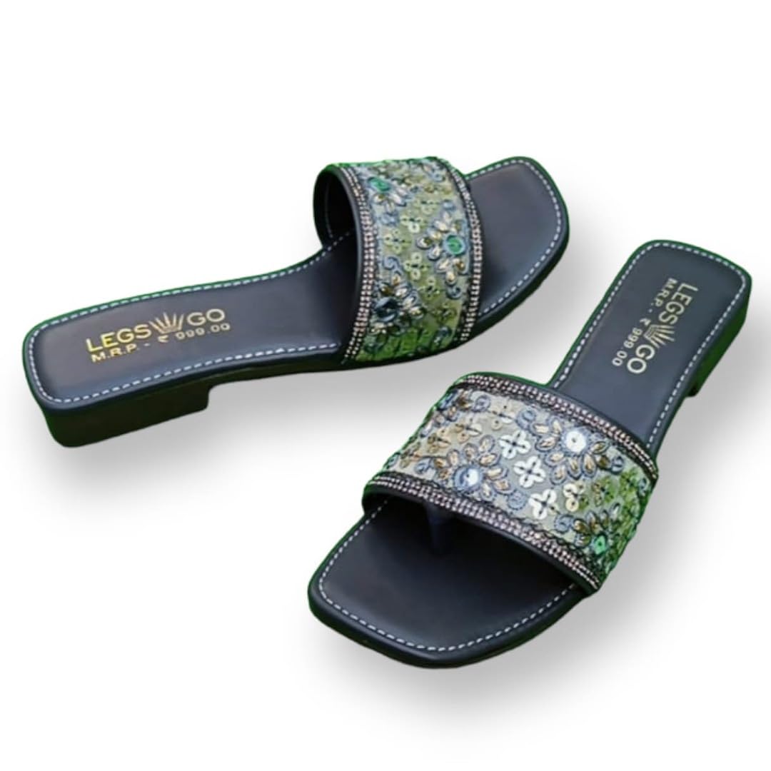 LEGS GO Dark Grey Stylish Designer Stone Straps flats Sandal for women and girls, Casual and Ethnic Wear(size - 07) (B0C78LLNN4) Amazon Price History, Amazon Price Tracker