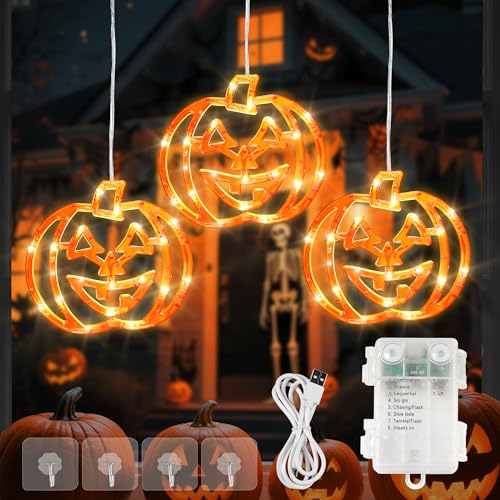 YOUNGAR Thanksgiving Pumpkin Window Lights 6FT 48 LED Battery/USB Powered with Timer Waterproof with 8 Modes Memory for Home Bedroom Birthday Party Indoor Outdoor Decor Orange