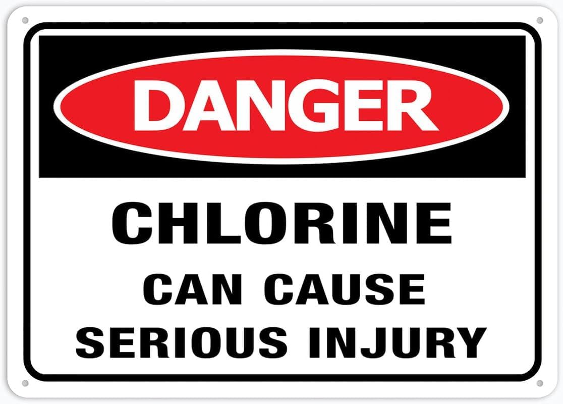 Danger Chlorine Can Cause Serious Injury Rust Free Aluminum Tin Sign - Warning Decor with Pre-Drilled Holes for Indoor-Outdoor Home Yard, Pool/Chemical Zone - 8x12 Inch​