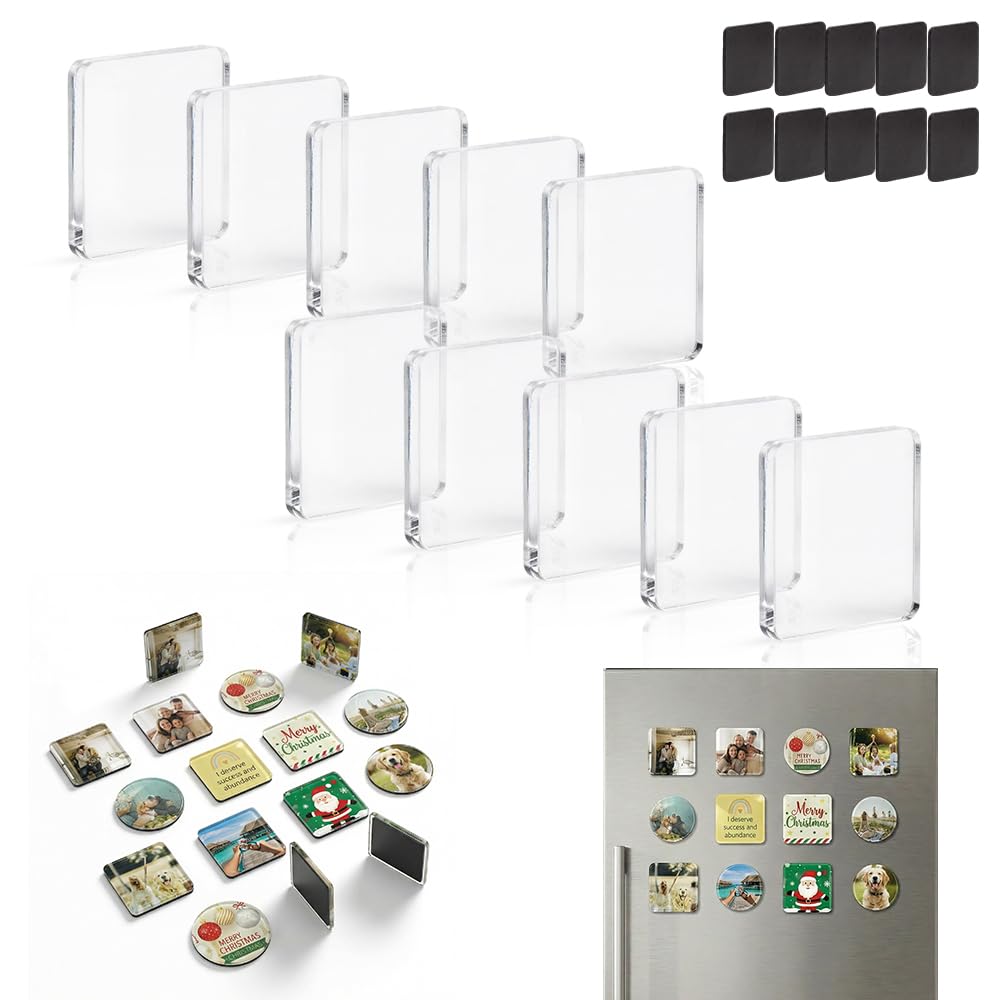 DIY Clear Acrylic Fridge Magnet Kit, Refrigerator Magnets with Adhesive (Square-10PCS)