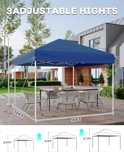 10x10 Pop Up Canopy Tent, Outdoor Tent with 3 Adjustable Height, Easy Set Up Canopy with 4 Sandbags & Carrying Bag for Camping, Parties, Outdoor Events -Blue