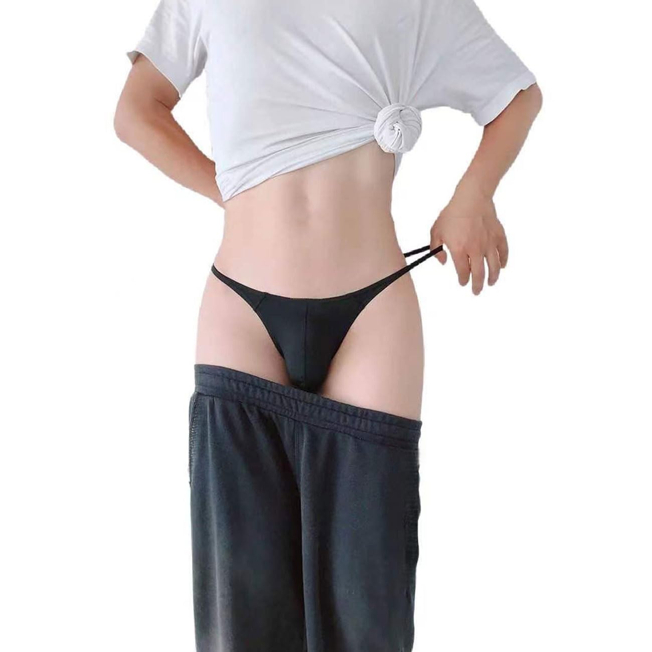 WOWSKY Mens Nylon Thongs - Seamless T-Back Sexy Low Rise Briefs G-String Bulge Pouch Underwear Black