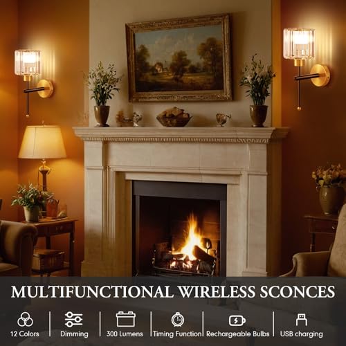 Image of Retisee 2 Set Modern Battery Operated Glass Crystal Wall Sconces Wireless Rechargeable Wall Light with Remote 12 Colors Dimmable Crystal Sconce Lamp for Bedroom Porch Bulbs Included Black Rod