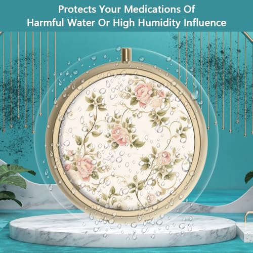 Image of Pill Case Pill Box with Mirror Retro 3 Compartment Small Pill Case for Purse or Pocket Bronze Small Roud Pill Box or Vitamins, Fish Oil, Supplements, Pill Containe Travel Gifts(Vintage Floral)