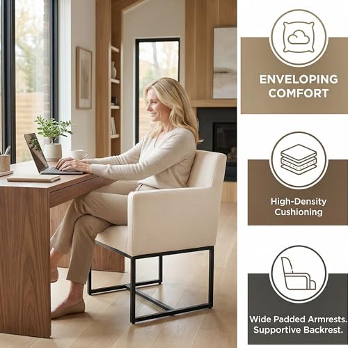 Image of HNY Mid Century Modern Upholstered Dining Chairs with Arms Set of 4, Linen Accent with Black Finish Metal Frame, 19'' Wide for Living Room Kitchen Bedroom, Cream, Cream-linen-black Frame