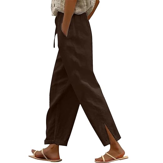 Linen Pants for Women 2025 Summer Elastic High Waist Split Hem Pants Casual Loose Fit Drawstring Trousers with Pocket