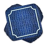 Picture of Pimpernel Blue Croc Leather Coasters, Set of 4 – 4" Square Drink Mats with Decorative Navy Crocodile Pattern, Heat & Stain Resistant Lacquered Finish, Durable Cork-Backed Table Protection