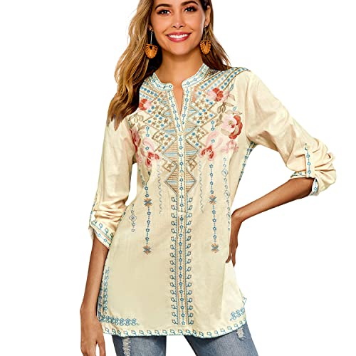 Grosy Boho bestickte Langarm-T-Shirts für Frauen, mexikanische Bauernblusen, ethnische Bohemian-Blumen-Tunika-Oberteile, Gelb-127, Mittel