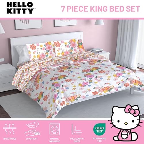 Image of Sanrio Hello Kitty King Comforter Set 7 Piece Floral Bedding, Multi | Bed in a Bag, Comforter Sheets Shams Pillowcases, Official Product, Soft Microfiber, Machine Washable, Girls Gift