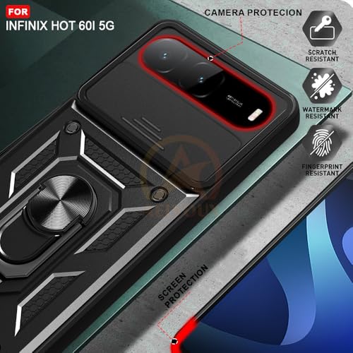 Image of Armor Bumper Back Cover Case for infinix hot 60i Rotating Camera Cover, Ring Holder & Kickstand | Heavy Duty & 360 Degree Protection infinix hot 60i Back Cover (Black)