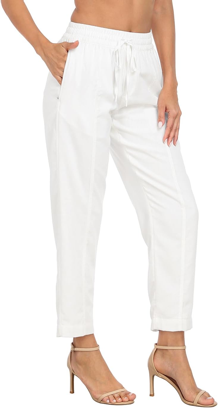 HDE Women's Linen Blend Pull On Pants Summer Drawstring Ankle Pant with Pockets - Image 4