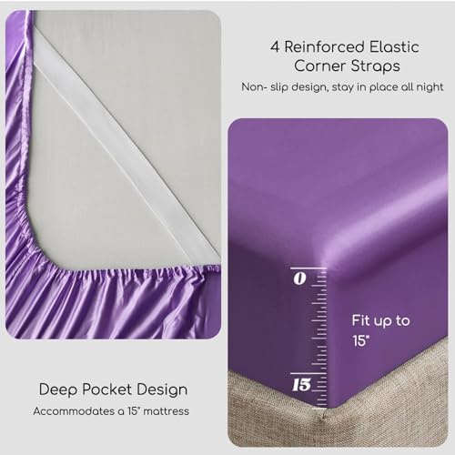 Image of MR&HM Satin Bed Sheets, King Size Sheets Set, 4 Pcs Silky Bedding Set with 15 Inches Deep Pocket for Mattress (King, Lavender)