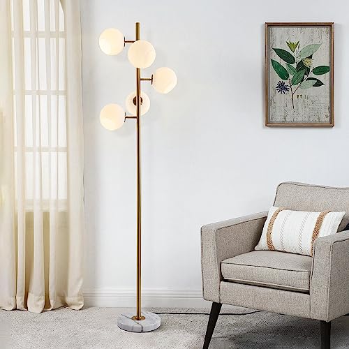 Image of BOKT Gold Mid Century Modern Floor Lamp 5-Lights Glass Globe Floor Lamp Antique Brass Floor Lamps Contemporary Tall Free Standing Reading Lamp for Bedroom Living Room