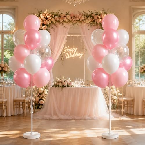 Image of Balloon Column Stand Kit with Clear Pastel Pearl Pink Balloons,Balloon Stand Kit for Floor or Table Backdrop Decoration for Party Wedding Baby Shower Birthday Graduation (Jelly Pink)