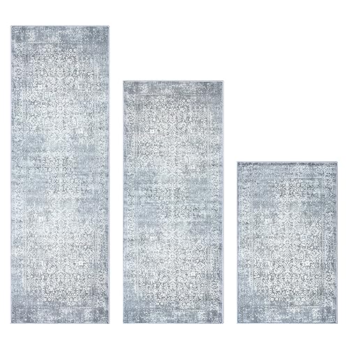 Kitchen Rugs Sets of 3 Non Slip Washable Kitchen Mats for Floor 3 Piece Set Boho Kitchen Rug Sets Gray Runner Carpets Absorbent for Laundry Room Hallway Sink