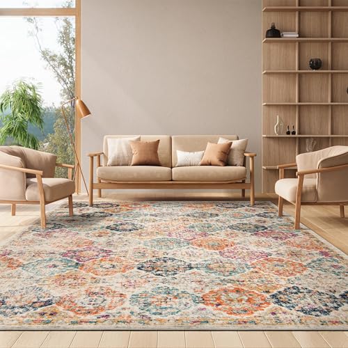 SAFAVIEH Madison Collection Area Rug - 6'7' x 9'2', Cream & Multi, Boho Chic Distressed Design, Non-Shedding & Easy Care, Ideal for High Traffic Areas in Living Room, Bedroom (MAD611B)