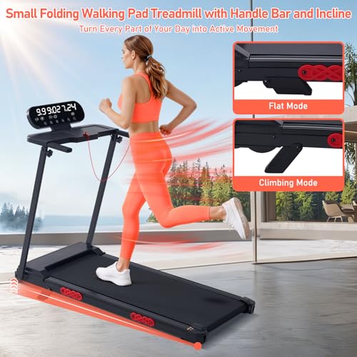 Image of Walking Pad Treadmill with Handle Bar and Incline, 3.5HP Electric Small Treadmills for Home Small Spaces, 0.6-10MPH Portable Mini Treadmills for Home Exercising, Compact Treadmill with Handles, 400LBS