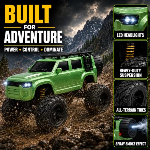 Image of Big Green Remote Control Car Toy | Defender | Smoke and LED Light | Monster Truck Remote Control 4x4 | Rechargeable Car | 2.4G Remote Control | High Speed | 100m Range | Birthday Gift for Kids