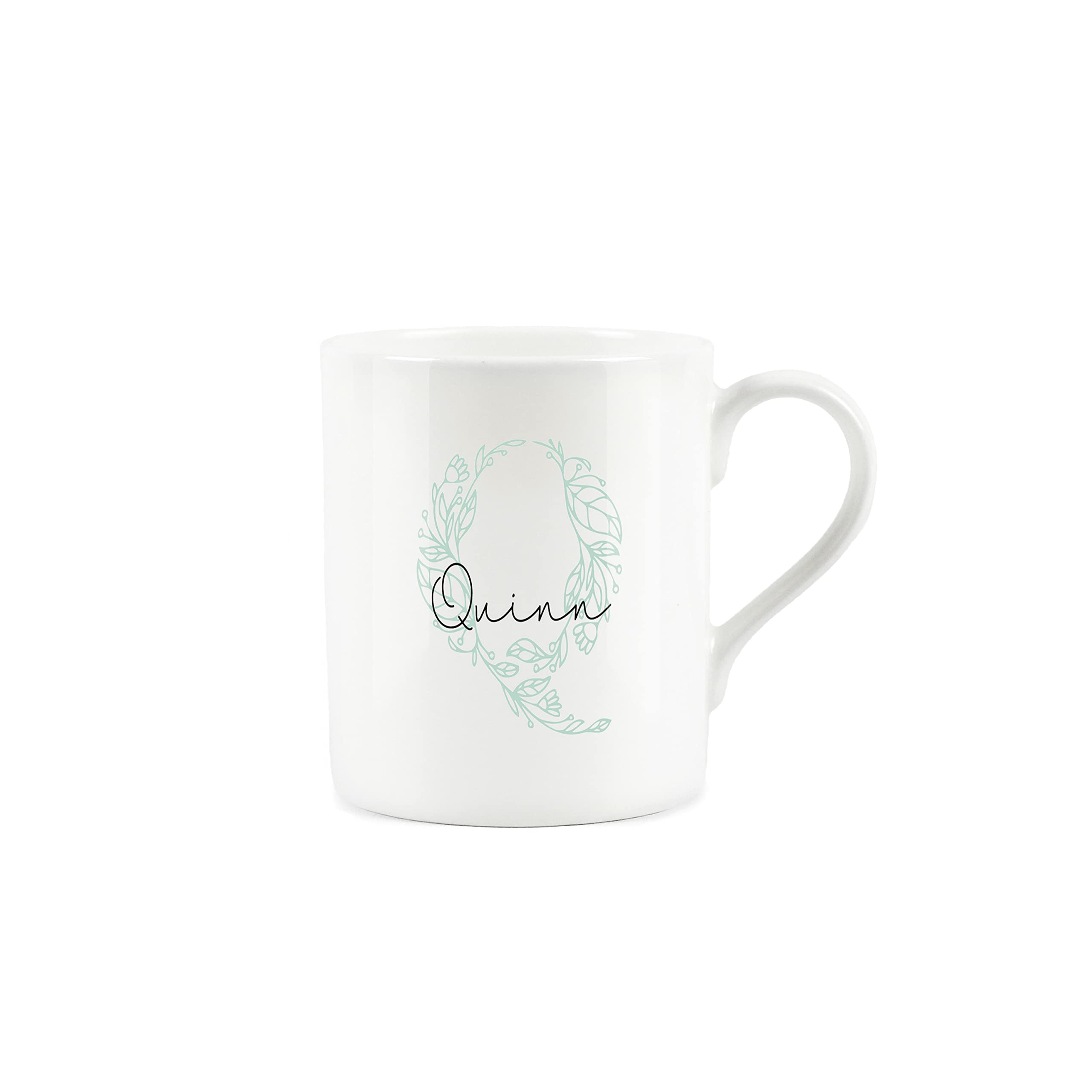 Personalised Mug, Custom Birthday Gift Mug, Name Bone China Mug, Floral Green Letter Q Mug - Small Coffee Tea Mug Present Personalised Initial Gift