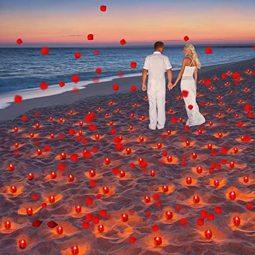 Image of Coume 6000 Pieces Artificial Rose Petal 72 Pieces LED Tealights Candle, Romantic Decorations Special Night Rose Petal Heart Candle for Valentines Wedding Anniversary Proposal Decor(Red Light)