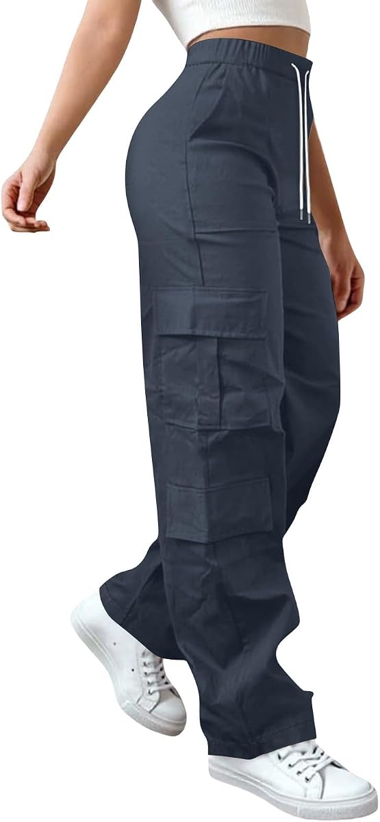 Pantalones cargo de cintura alta para mujer, pierna ancha, con bolsillos, holgados, elásticos, casuales, pantalones de senderismo Y2K, ropa de calle, trajes de viaje