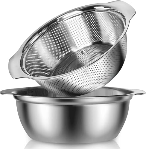 Image of 2 Pcs Set Stainless Steel Colander with Mixing Bowl Set - Vegetable & Fruit Washing Strainer, Pasta Rice Drainer, Kitchen Strainer Bowl, Multipurpose Food Prep Colander (Combo)