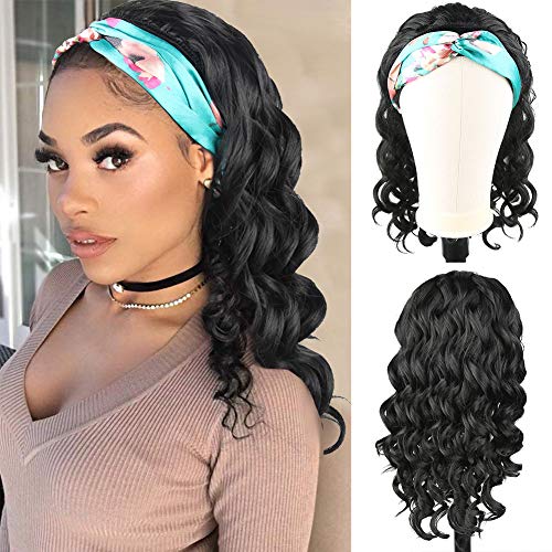 Curly Headband Wig Synthetic Half Wigs for Black Women,KRSI Curly Hair Wig with Headband Attached 14inch Cute Wigs 2 in 1Curly Afro Wig Loose Wavy Black Wig Ponytail Wigs for Black Women(1B)
