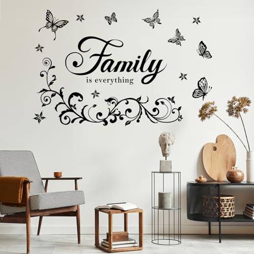FUFUQUARE Pegatinas de Pared Frases Familia Elegantes 'Family is everything' Adhesivos Pared Decorativo Negra Mariposas Flores Vinilos para Dormitorio Salón Comedor Pasillo