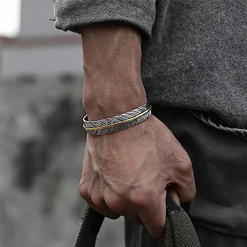 Pingyongchang Feather Bracelet Vintage Silver Adjustable Feather Bracelet Charm Bracelet Simple Retro Cuff Jewelry for Women Men3