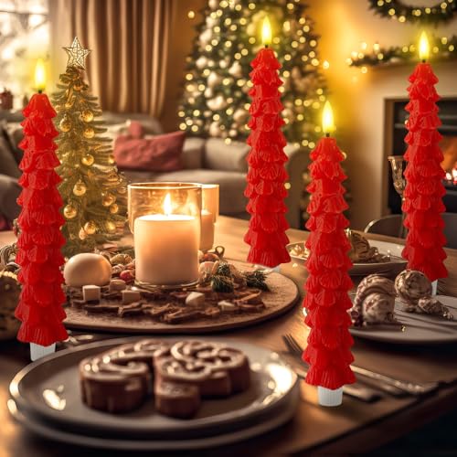 Image of Funtery 6 Pcs LED Christmas Tree Flameless Taper Candles Real Wax Battery Operated Candlestick Lights with 3D Flame and Remote Timer Window Fireplace(Red,Christmas Tree)