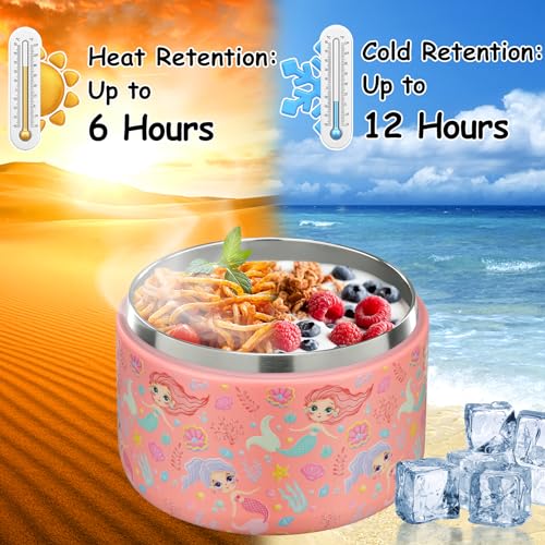 12oz Insulated Vacuum Food Jar with Buckle Lid Wide Mouth Soup Thermo for Hot Food Kids Leakproof Stainless Steel Lunch Container (mermaid)