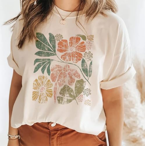 Floral Graphic Shirt Women Boho Wildflowers Tee Vintage Flower Tshirt Round Neck Loose Casual Short Sleeve Tops2