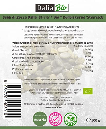 Dalia - Steirische Kürbiskerne BIO 500 g | roh und unbehandelt | Hochwertige Kerne aus der Steiermark | Glutenfrei | 100% Bio-Qualität