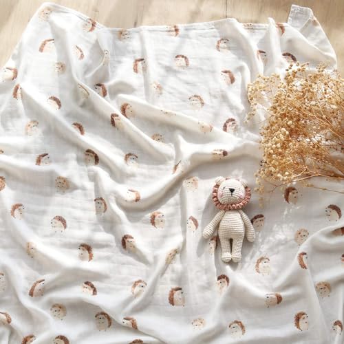 Image of LifeTree Baby Swaddle Blankets, Boys Girls Muslin Swaddling Wrap Receiving Blanket for Newborn, 70% Viscose from Bamboo and 30% Cotton, Large 47 inch x 47 inch, Hedgehog and Checkered