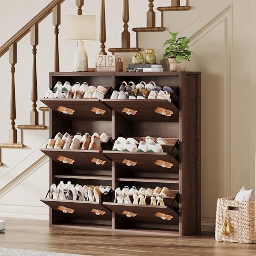 Image of GarveeHome Shoe Storage Cabinet with 6 Flip Drawers, Narrow Wood Shoe Organizer Cabinet with Floral Pattern, Freestanding Slim Shoe Rack Cabinet with Adjustable Shelves, for Entryway, Hallway, Brown