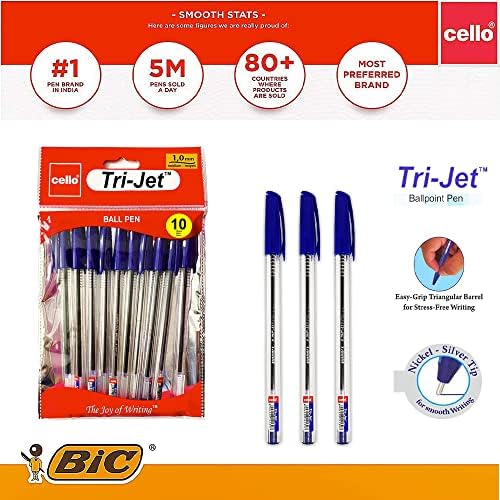 Cello Tri-Jet Ballpoint Pens Extra Grip Medium Point Biros (1.0 mm) - Blue Pens, Pack Of 10