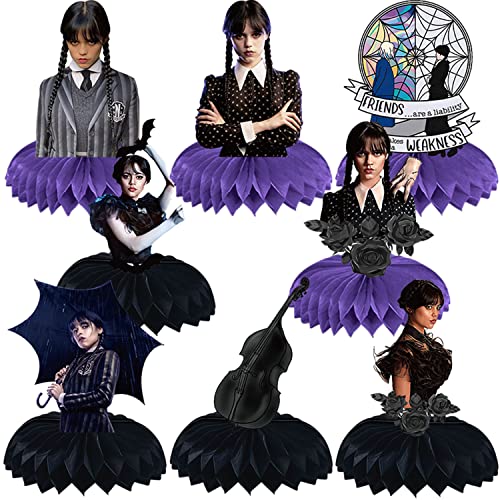 8Pcs Wednesday Addams Party Decorations, Wednesday Addams Theme Honeycomb Centerpieces Table Toppers, 3D Double Side Cake Toppers, Wednesday Addams Birthday Supplies for Girls and Boys