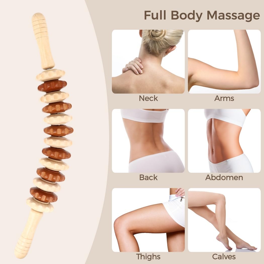 Holz-Massageroller, ergonomisch gebogener Massage-Stock aus Holz zum Lösen von Muskelverspannungen und Müdigkeit, für Nacken, Arme, Rücken, Bauch, Hüfte, Oberschenkel, Waden und Beine