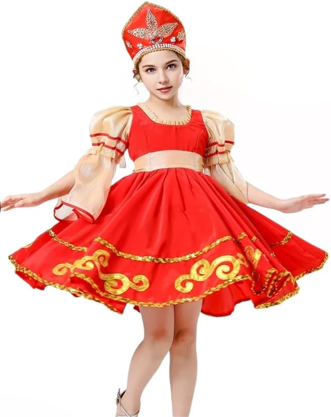 Girls Russian Traditional Dance Dress.Puff Sleeve Performance Outfit