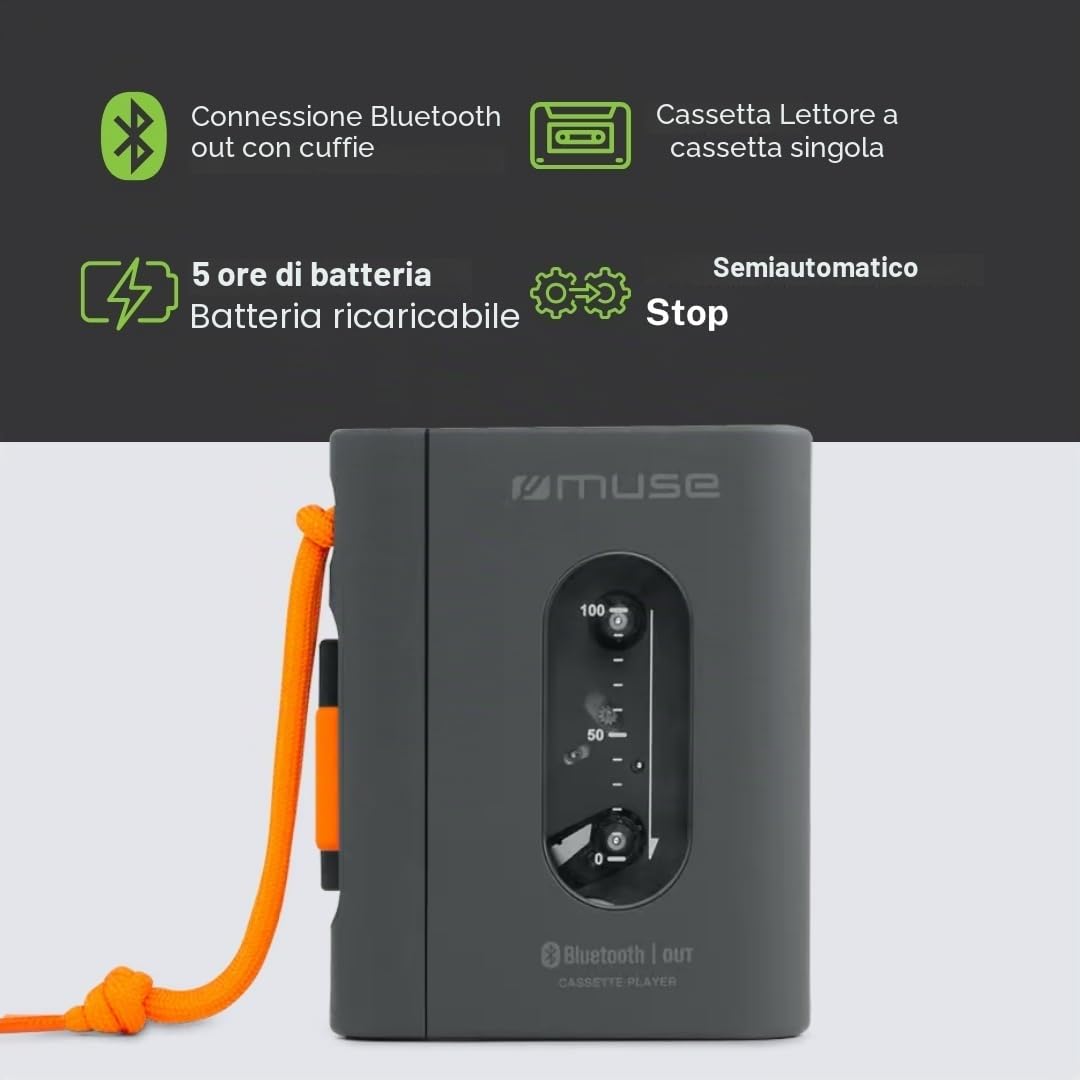 MUSE Lettore cassette portatile con jack per cuffie, ricarica USB-C, nero