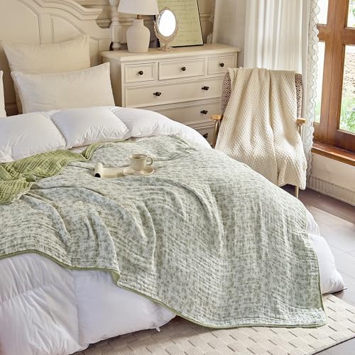 Image of Muslin Throw Blanket 100% Cotton Floral Pattern 6-Layer Gauze Cooling Blanket Lightweight Soft Breathable Quilt for All Season Both Sides for Sofa Couch (Floral Green-a, Throw 50 inchx60 inch)