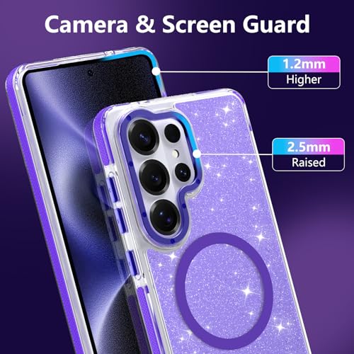 Image of Magnetic Case for Samsung Galaxy S26 Ultra [Compatible with Magsafe] [Bling Glitter Fluorescent Design] [1 Screen Protector] Slim Translucent Matte Case for Galaxy S26 Ultra 6.9 inch, Purple
