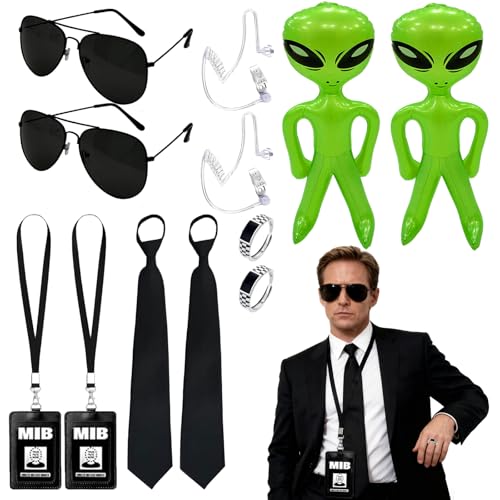 Atomvia 12Pcs Secret Agent Accessories Set Men in Black Costume Accessories Spy Dress Up Accessories with Sunglasses Zip-Up Ties Earpiece Ring ID Lanyard & Green Props Halloween Carnival Cosplay