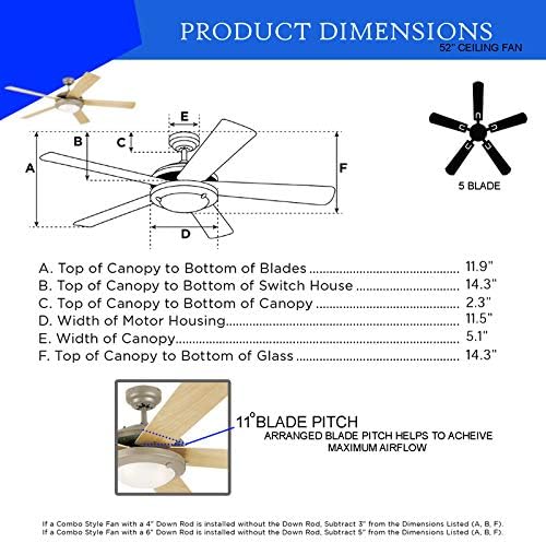 Ciata Lighting 52-inch Brushed Pewter Ceiling Fan for Bedroom with Light Fixture in Frosted Glass with Reversible Maple/White Blades