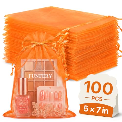 Image of FUNFERY 100PCS Orange Organza Gift Bags 5x7in,Drawstring Pouch for Jewelry