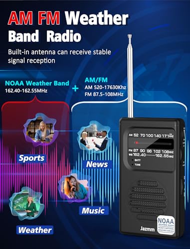 Rádio meteorológico NOAA portátil, rádio AM FM operado por bateria com alto-falante de 3 W, transist