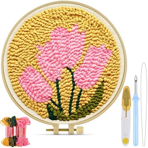 TINDTOP Punch Needle Embroidery Kits, Punch Needle Kits for Adults Beginner, Tool with Punch Needle Fabric, Hoops, Yarns and Sewing Needles Cover