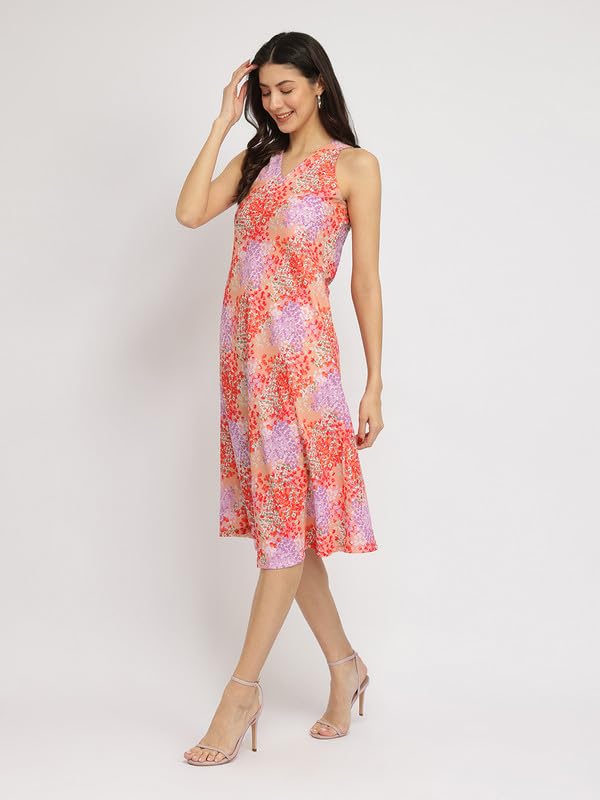 Image of FableStreet Women Party Dress | Elegant A-Line Fit Midi Length V-Neck Sleeveless | Lustrous Satin Fabric for Evening Gatherings & Celebrations