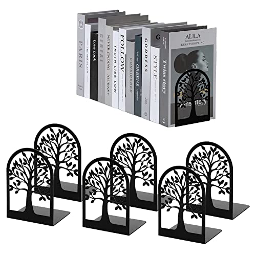 Book Ends Bookends for Shelves Tree Book End to Hold Books Metal Bookend Stopper Non-Skid Book Holder Black Book Supports for Office Home Kitchen Modern Decorative Bookends(3 Pair/6 Pcs)